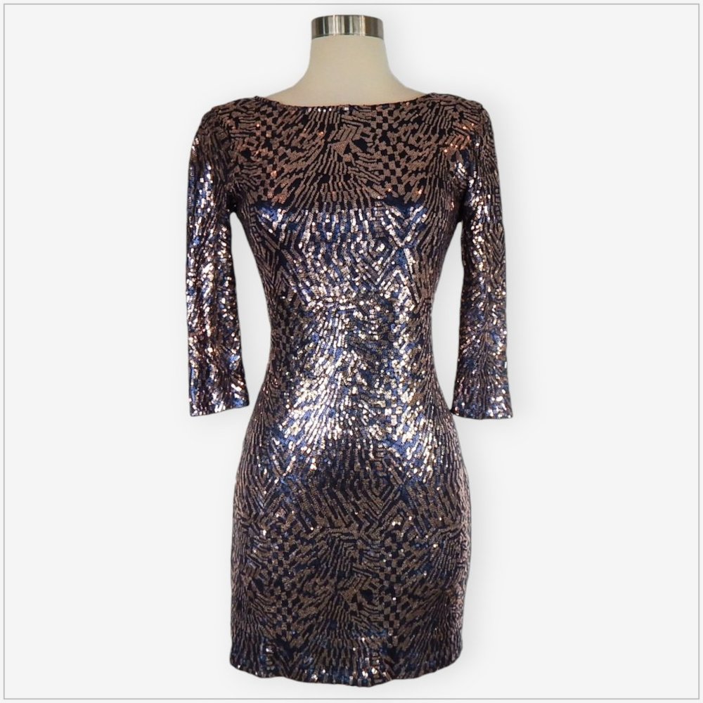 Rubber Ducky Navy Blue Rose Gold Sequin Stretch Low Back Bodycon Mini Dress S
